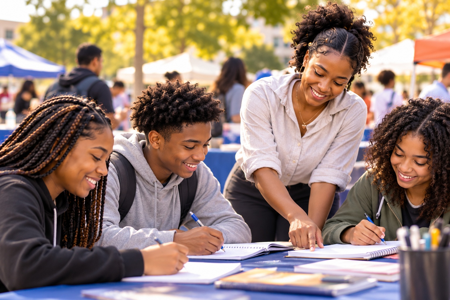 A Taes Grace program director mentors a small group of youth at an outdoor community resource event.