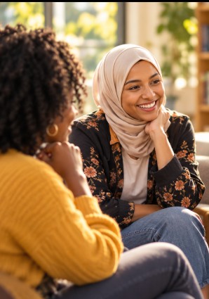Two women in a warm, supportive one-on-one conversation.