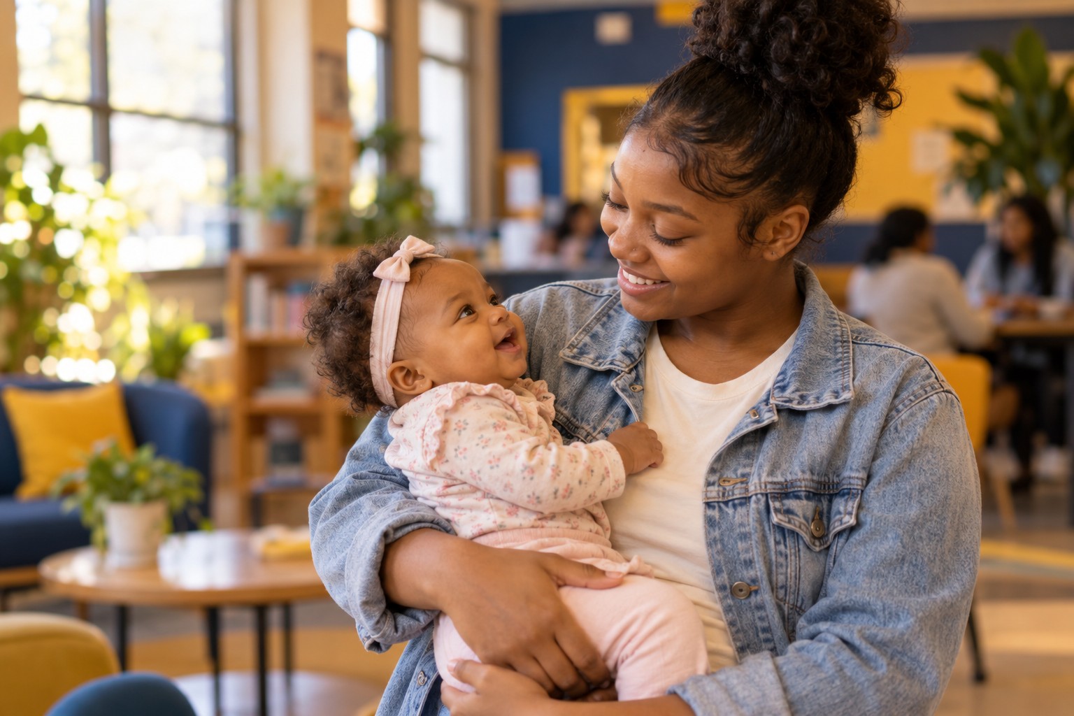 A mother embraces her toddler during a Taes Grace Teen Parent Support Workshop, with other parents and children in the background.